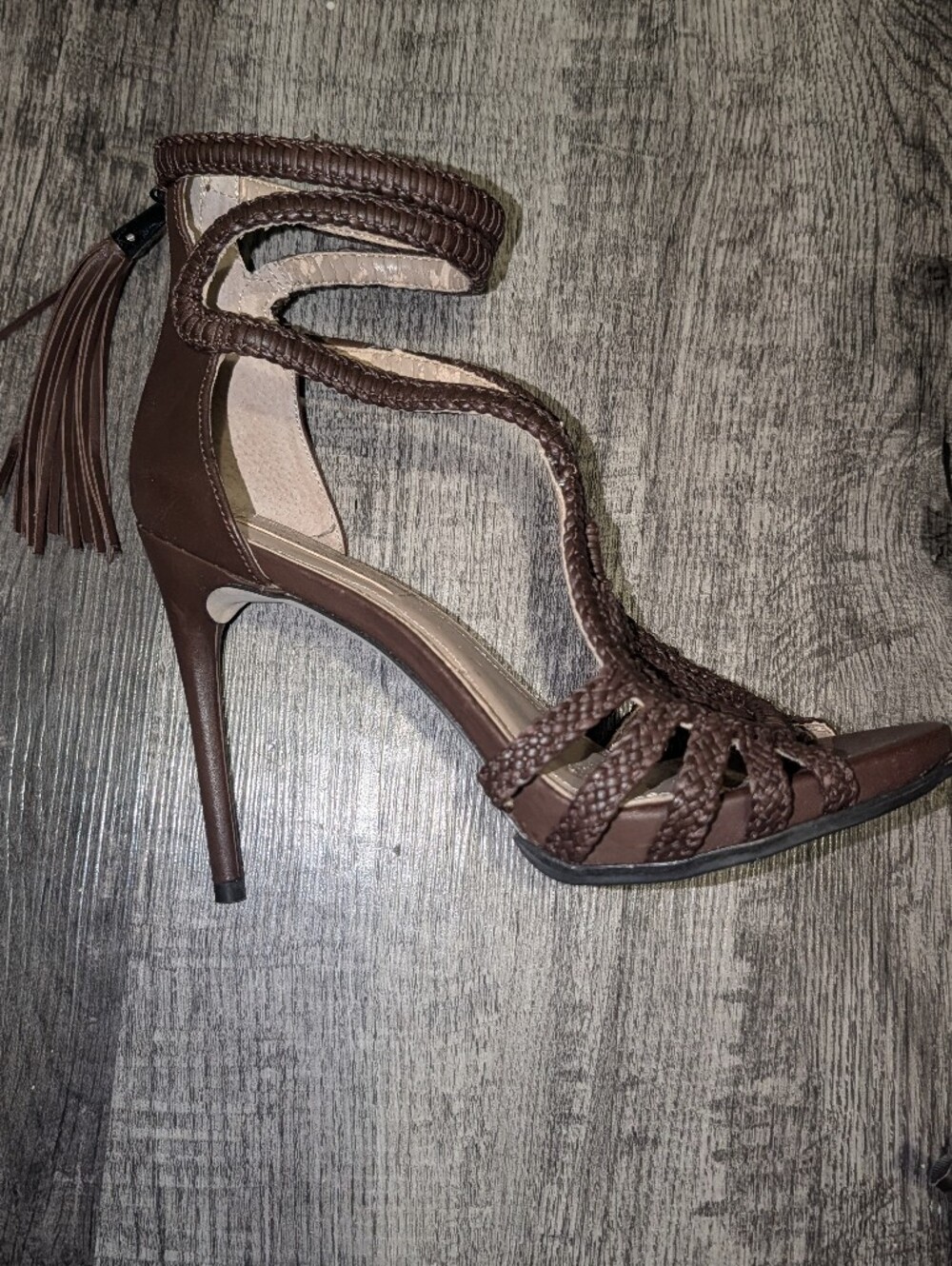 BCBGMAXAZRIA Brown Woven Tassel Strappy Stiletto Heels Size 9 - Picture 2 of 8
